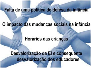 Falta de uma política de defesa da infância
O impacto das mudanças sociais na infância
Horários das crianças
Desvalorização da EI e consequente
desvalorização dos educadores
 