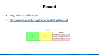 • Key, value and headers.
• https://kafka.apache.org/documentation/#record
Record
 