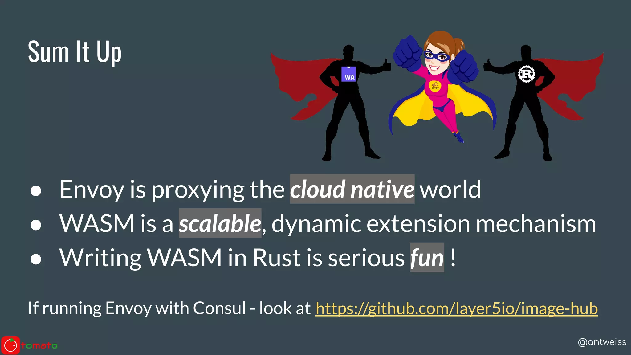 @antweiss
Sum It Up
● Envoy is proxying the cloud native world
● WASM is a scalable, dynamic extension mechanism
● Writing WASM in Rust is serious fun !
If running Envoy with Consul - look at https://github.com/layer5io/image-hub
 