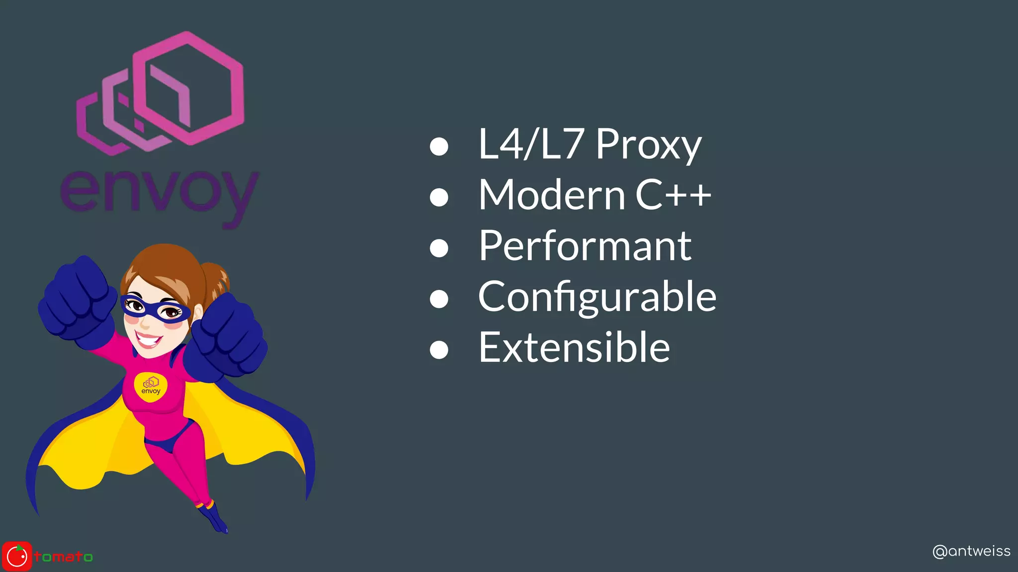 @antweiss
● L4/L7 Proxy
● Modern C++
● Performant
● Conﬁgurable
● Extensible
 