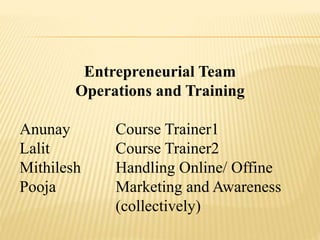 Entrepreneurial Team
Operations and Training
Anunay Course Trainer1
Lalit Course Trainer2
Mithilesh Handling Online/ Offine
Pooja Marketing and Awareness
(collectively)
 