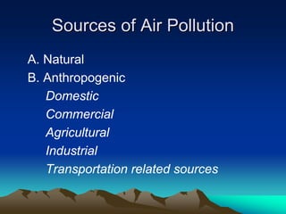 Sources of Air Pollution
Sources of Air Pollution
A. Natural
B. Anthropogenic
Domestic
Commercial
Agricultural
Industrial
Transportation related sources
 