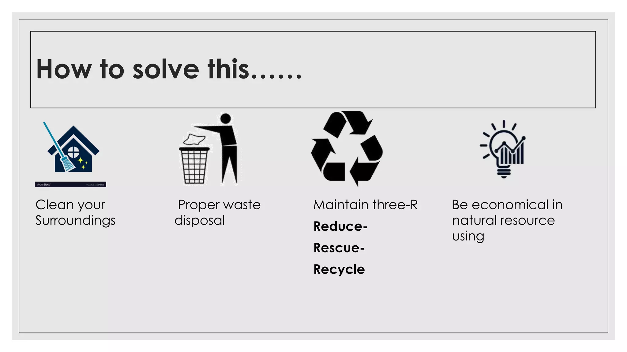 How to solve this……
Clean your
Surroundings
Proper waste
disposal
Maintain three-R
Reduce-
Rescue-
Recycle
Be economical in
natural resource
using
 