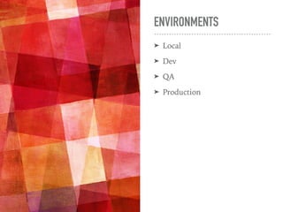 ENVIRONMENTS
➤ Local
➤ Dev
➤ QA
➤ Production
 