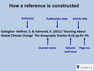 How a reference is constructed

             Author(s)        Publication date   Article title



Gallagher- Heffron, S. & Valmond, K. (2011) ‘Teaching About
Global Climate Change’ The Geography Teacher 8 (2) pp.91–95.


                         Journal name       Volume Page no.
                                           and issue
 