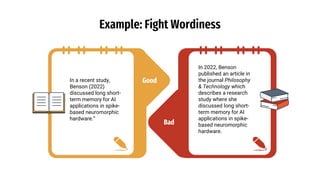 Good
Example: Fight Wordiness
In a recent study,
Benson (2022)
discussed long short-
term memory for AI
applications in spike-
based neuromorphic
hardware.”
In 2022, Benson
published an article in
the journal Philosophy
& Technology which
describes a research
study where she
discussed long short-
term memory for AI
applications in spike-
based neuromorphic
hardware.
Bad
 