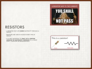 • A RESISTOR ONLY LETS SOME ELECTRICITY THROUGH A
CIRCUIT.
• RESISTORS ARE USED IN ALMOST EVERY TYPE OF
CIRCUIT.
• IT IS VERY IMPORTANT TO ONLY LET A CERTAIN
AMOUNT OF ELECTRICITY THROUGH TO A NIGHT
LIGHT, COMPUTER OR REFRIGERATOR!!!
RESISTORS
This is a resistor!
A RESISTOR SAYS TO THE CURRENT!
 