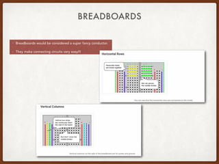 BREADBOARDS
• Breadboards would be considered a super fancy conductor.
• They make connecting circuits very easy!!!
 