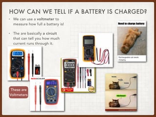 HOW CAN WE TELL IF A BATTERY IS CHARGED?
• We can use a voltmeter to
measure how full a battery is!
• The are basically a circuit
that can tell you how much
current runs through it.
These are
Voltmeters
 