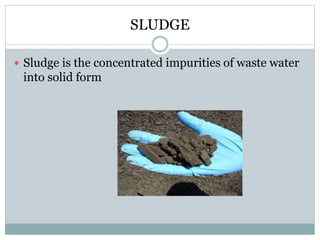 SLUDGE 
 Sludge is the concentrated impurities of waste water 
into solid form 
 