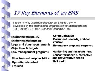 17 Key Elements of an EMS
Environmental policy
Environmental aspects
Legal and other requirements
Objectives & targets
Env. management programs
Structure and responsibility
Operational control
Training
Communication
Document, records, and doc
control
Emergency prep and response
Monitoring and measurement
Nonconformance & corrective
and preventative action
EMS audit
The commonly used framework for an EMS is the one
developed by the International Organization for Standardization
(ISO) for the ISO 14001 standard, issued in 1996.
 