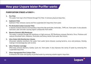 09
How your Livpure Water Puriﬁer works
PURIFICATION STAGES of ENVY+:
1. Pre Filter
The water from tap is ﬁrst Filtered through Pre Filter. It removes physical impurities.
2. Sediment Filter
Sediment Filter removes coarse and ﬁne suspended dirt impurities from water.
3. Pre Activated Carbon Granular Filter
It adsorbs residual chlorine and hazardous impurities like pesticides, herbicides , THM’s etc. from water. It also adsorbs
bad taste, color and odor causing organic compounds from water.
4. Reverse Osmosis (RO) Membrane
The water is passed through RO membrane at high pressure, RO Membrane removes Bacteria, Virus, Protozoa and
reduces Dissolved Salts, Hardness, Pesticides and heavy metals from water like Arsenic.
5. Ultra Violet (UV) Disinfection Column
Ultraviolet radiation disinfects the water from water borne disease causing bacteria, virus and protozoa, thereby
making it microbiologically safe to drink.
6. Ultra Filtration Cartridge
Effectively removes Bacteria, Giardia, Cysts etc. from water. It also improves the clarity of water by removing ﬁne
suspended impurities.
7. Silver Impregnated Post Carbon Filter
It enhances the taste and quality of puriﬁed water by removing volatile organic impurities.
 