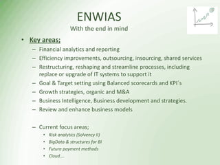 ENWIAS
                      With the end in mind
• Key areas;
   – Financial analytics and reporting
   – Efficiency improvements, outsourcing, insourcing, shared services
   – Restructuring, reshaping and streamline processes, including
     replace or upgrade of IT systems to support it
   – Goal & Target setting using Balanced scorecards and KPI´s
   – Growth strategies, organic and M&A
   – Business Intelligence, Business development and strategies.
   – Review and enhance business models

   – Current focus areas;
       •   Risk analytics (Solvency II)
       •   BigData & structures for BI
       •   Future payment methods
       •   Cloud….
 