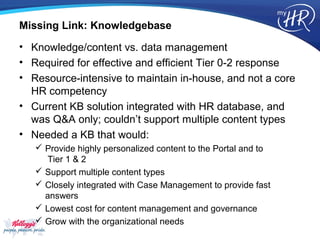 Missing Link: Knowledgebase
• Knowledge/content vs. data management
• Required for effective and efficient Tier 0-2 response
• Resource-intensive to maintain in-house, and not a core
  HR competency
• Current KB solution integrated with HR database, and
  was Q&A only; couldn’t support multiple content types
• Needed a KB that would:
    Provide highly personalized content to the Portal and to
     Tier 1 & 2
    Support multiple content types
    Closely integrated with Case Management to provide fast
     answers
    Lowest cost for content management and governance
    Grow with the organizational needs
 