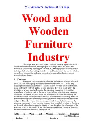 › Visit Amazon's Haytham Al Fiqi Page
Wood and
Wooden
Furniture
IndustryNowadays, Thai wood and wooden furniture industry is profitable to our
country not less than a billion dollars per year in average. There are over 8,000
factories in this industry creating jobs for over 200,000 employees who involve in the
industry. Such roles lead to the potential wood and furniture industry and have farther
more global opportunities and being categorized as targeted products for export
promotion in the future.
1. Production
Production capacity of products in wood and wooden furniture industry in
early 2003 has been slightly increased due to the war between the U.S. and Iraq
affecting the main trading partners of Thailand to slow down the orders of furniture,
along with SARS outbreak leading to some concerns. However, in late 2003, the
problems have been improved, causing the increasing production. It is also the
upward step of business cycle at the end of year resulting in the improved economic
conditions. Moreover, the government has promoted the construction industry and
real estate business to strengthen which affects to the consumer purchasing power for
furniture resulting in the improving domestic production and distribution of furniture
and parts. The order volume from overseas, especially the U.S., has increased. By
changing the strategy of most exported products from household products to furniture,
the demand volume has increased at the end of year. Based on the information of the
Office of Industrial Economics, it has shown that the production volume of furniture
has been continuously increased throughout 2003.
Table 1: Wood and Wooden Furniture Production
Unit: Million Pieces
Products Quarterly
 
