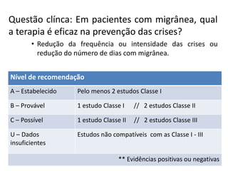 Questão clínca: Em pacientes com migrânea, qual
a terapia é eficaz na prevenção das crises?
• Redução da frequência ou intensidade das crises ou
redução do número de dias com migrânea.
Nível de recomendação
A – Estabelecido

Pelo menos 2 estudos Classe I

B – Provável

1 estudo Classe I

// 2 estudos Classe II

C – Possível

1 estudo Classe II

// 2 estudos Classe III

U – Dados
insuficientes

Estudos não compatíveis com as Classe I - III

** Evidências positivas ou negativas

 