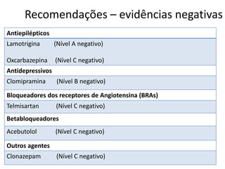 Recomendações – evidências negativas
Antiepilépticos
Lamotrigina

(Nível A negativo)

Oxcarbazepina

(Nível C negativo)

Antidepressivos
Clomipramina

(Nível B negativo)

Bloqueadores dos receptores de Angiotensina (BRAs)
Telmisartan

(Nível C negativo)

Betabloqueadores
Acebutolol

(Nível C negativo)

Outros agentes

Clonazepam

(Nível C negativo)

 
