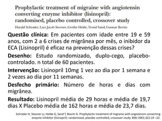 Questão clínica: Em pacientes com idade entre 19 e 59
anos, com 2 a 6 crises de migrânea por mês, o inibidor da
ECA (Lisinopril) é eficaz na prevenção dessas crises?
Desenho: Estudo randomizado, duplo-cego, placebocontrolado. n total de 60 pacientes.
Intervenção: Lisinopril 10mg 1 vez ao dia por 1 semana e
2 vezes ao dia por 11 semanas.
Desfecho primário: Número de horas e dias com
migrânea.
Resultado: Lisinopril média de 29 horas e média de 19,7
dias X Placebo média de 162 horas e média de 23,7 dias.
Schrader H, Stovner LJ, Helde G, Sand T, Bovim G. Prophylactic treatment of migraine with angiotensin converting
enzyme inhibitor (lisinopril): randomised, placebo controlled, crossover study. BMJ 2001;322:19 –22.

 