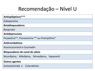 Recomendação – Nível U
Antiepilépticos***
Gabapentina
Betabloqueadores
Bisoprolol
Antidepressivos

Fluoxetina**, Fluvoxamina ** ou Protriptilina*
Antitrombóticos
Acenocoumarol e Coumadin
Bloqueadores de canal de cálcio
Nicardipina, Nifedipina, Nimodipina, Vaparamil

Outros agentes
Acetazolamida e Ciclandelato

 