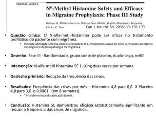 Can. J. Neurol. Sci. 2006; 33: 195-199

• Questão clínica: O N-alfa-metil-histamina pode ser eficaz no tratamento
profilático do paciente com migrânea.
• Potente afinidade seletiva com os receptores H3, mecanismo capaz de inibir a resposta ao edema
neurogênico da fisiopatologia da migrânea.

• Desenho: Fase III - Randomizado, grupo controle-placebo, duplo-cego, n=60.
• Intervenção: N-alfa-metil histamina SC 1-10ng duas vezes por semana.
• Desfecho primário: Redução da frequência das crises.
• Resultados: Frequência das crises por mês – Histamina 4,8 para 0,6 X Placebo
4,8 para 3,8 p 0,0001 (em 8 semanas).
• *Prurido no local da aplicação (raro).

• Conclusão: Histamina SC demonstrou eficácia estatisticamente significante em
reduzir a frequência das crises de migrânea.

 