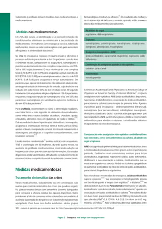 Página 2 : Enxaqueca: mal antigo com roupagem nova
Tratamento e profilaxia incluem medidas não-medicamentosas e
medicamentosas.
Medidas não-medicamentosas
Em 25% dos casos, a identificação e a possível remoção de
condicionantes eliminam ou minimizam a necessidade de
medicamentos. Em mulheres com enxaqueca clássica, sobretudo
nasfumantes,devem-seevitarcontraceptivosorais,poisaumentam
a freqüência e a intensidade das crises
11
.
Na crise de enxaqueca, repouso em quarto escuro e silencioso é
por vezes suficiente para abortar a dor. Em pacientes com dor leve
e sintomas iniciais, compararam-se acupuntura, sumatriptano e
placebo no abortamento da crise completa, o que ocorreu em 35%,
36% e 18%, respectivamente. O risco relativo de ter crise completa
foi de 0,79 (IC95%: 0,64-0,99) para acupuntura versus placebo, de
0,78 (IC95%: 0,62-0,98) para sumatriptano versus placebo e de 1,03
(IC95%: 0,64-1,68) para acupuntura versus sumatriptano. Em
pacientes que, apesar do tratamento, não obtiveram alívio de dor,
um segundo estudo de intervenção foi tentado, cujo desfecho era
redução em pelo menos 50% da dor em duas horas. O segundo
tratamentocomacupunturaatingiuoobjetivoem13%dospacientes,
enquanto a segunda injeção de sumatriptano o fez em 55% dos
pacientes e sumatriptano em substituição a placebo melhorou a
dor em 80% dos pacientes
12
.
Para profilaxia, recomendam-se sono e alimentação regulares,
exercícios físicos e não ingestão de alimentos desencadeantes,
como vinho tinto e outras bebidas alcoólicas, chocolate, queijo,
embutidos, alimentos ricos em glutamato de sódio e nitritos
13-16
.
Outras medidas incluem hipnoterapia, biofeedback, homeopatia,
acupuntura, estimulação nervosa elétrica transcutânea (TENS),
ajustes oclusais, manipulação cervical, técnicas de relaxamento e
abordagens psicológicas e cognitivo-comportamentais, com
resultados variáveis
17,18
.
Estudo aberto e randomizado
19
avaliou a eficácia de acupuntura,
TENS e laserterapia em 60 mulheres, durante quatro meses, na
ausência de profilaxia medicamentosa, mostrando redução na
freqüência de crises por mês com as três intervenções. Os estudos
disponíveis ainda são limitados, dificultando o estabelecimento de
recomendações a respeito do uso de terapias não-convencionais.
Medidas medicamentosas
Tratamento sintomático das crises
Vários medicamentos, isoladamente ou em combinação, são
usados para controle sintomático das crises (ver quadro a seguir).
Há poucos ensaios clínicos com tamanho e desenho adequados
para comparar a eficácia relativa das opções disponíveis. Outro
problema é a falta de consenso sobre o desfecho a ser avaliado. A
ausência sustentada de dor parece ser o objetivo terapêutico mais
apropriado. Com base nos dados existentes, vários grupos
farmacológicos mostram-se eficazes
20
. Os resultados são melhores
se o tratamento é iniciado precocemente, quando, então, menores
doses dos medicamentos são suficientes.
Alcalóides do ergot:
ergotamina, diidroergotamina
Triptanos:
sumatriptano, zolmitriptano, naratriptano, rizatriptano,
eletriptano, almotriptano, frovatriptano
Analgésicos não-opióides e AINE:
ácido acetilsalicílico, paracetamol, ibuprofeno, naproxeno, ácido
tolfenâmico
Combinação de analgésicos opióides e não-opióides:
codeína + paracetamol
Antieméticos:
metoclopramida
A American Academy of Family Physicians e o American College of
Physicians of American Society of Internal Medicine
21
propõem
analgésicos não-opióides e AINE (ácido acetilsalicílico, ibuprofeno,
naproxeno, ácido tolfenâmico, associação de ácido acetilsalicílico,
paracetamol e cafeína) como terapia de primeira linha. Agentes
específicos para enxaqueca - diidroergotamina (intranasal),
sumatriptano (oral ou subcutâneo), zolmitriptano, naratriptano,
eletriptano, rizatriptano (orais) - são indicados para pacientes que
não respondem a AINE ou têm crises graves. Ainda se recomendam
antieméticos para vômitos e náuseas, considerados sintomas
incapacitantes na crise de enxaqueca.
Comparação entre analgésicos não-opióides e antiinflamatórios
não-esteróides, com e sem antieméticos ou cafeína, alcalóides do
ergot e triptanos
AINE são agentes de primeira linha para tratamento de crises leves
a moderadas de enxaqueca ou crises graves a eles responsivas no
passado. Evidências mais consistentes existem para ácido
acetilsalicílico, ibuprofeno, naproxeno sódico, ácido tolfenâmico,
diclofenaco e sua associação a cafeína, medicamentos que se
mostraram superiores a placebo. Atribui-se à cafeína a propriedade
de aumentar a velocidade de início de efeito de ácido acetilsalicílico,
paracetamol, ibuprofeno e ergotamina.
Nas crises leves e moderadas de enxaqueca, ácido acetilsalicílico
supera o placebo
22,23
. Sua associação à metoclopramida provou
ser tão eficaz quanto a terapia com ergóticos
24
e triptanos
25,26
no
alíviodadoremduashoras.Paracetamoltambémpodeserutilizado,
tendo eficácia bem demonstrada, tanto isoladamente
27
quanto em
associação com ácido acetilsalicílico e cafeína.
28
Para alívio de dor
em duas horas, paracetamol na dose de 1000 mg foi mais eficaz do
que placebo (NNT
‡
=7,8; IC95%: 4,8-21,0). Em dose de 650 mg,
mostrou-se ineficaz
29
. Não se observou diferença significativa entre
‡
NNT = número de pacientes que é necessário tratar. Ver: http://www.opas.org.br/medicamentos/docs/HSE_URM_ATB_0304.pdf
 