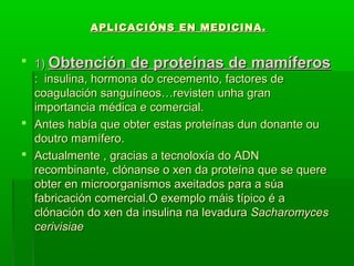 APLICACIÓNS EENN MMEEDDIICCIINNAA.. 
 11)) OObbtteenncciióónn ddee pprrootteeíínnaass ddee mmaammííffeerrooss 
:: iinnssuulliinnaa,, hhoorrmmoonnaa ddoo ccrreecceemmeennttoo,, ffaaccttoorreess ddee 
ccooaagguullaacciióónn ssaanngguuíínneeooss……rreevviisstteenn uunnhhaa ggrraann 
iimmppoorrttaanncciiaa mmééddiiccaa ee ccoommeerrcciiaall.. 
 AAnntteess hhaabbííaa qquuee oobbtteerr eessttaass pprrootteeíínnaass dduunn ddoonnaannttee oouu 
ddoouuttrroo mmaammííffeerroo.. 
 AAccttuuaallmmeennttee ,, ggrraacciiaass aa tteeccnnoollooxxííaa ddoo AADDNN 
rreeccoommbbiinnaannttee,, ccllóónnaannssee oo xxeenn ddaa pprrootteeíínnaa qquuee ssee qquueerree 
oobbtteerr eenn mmiiccrroooorrggaanniissmmooss aaxxeeiittaaddooss ppaarraa aa ssúúaa 
ffaabbrriiccaacciióónn ccoommeerrcciiaall..OO eexxeemmpplloo mmááiiss ttííppiiccoo éé aa 
ccllóónnaacciióónn ddoo xxeenn ddaa iinnssuulliinnaa nnaa lleevvaadduurraa SSaacchhaarroommyycceess 
cceerriivviissiiaaee 
 