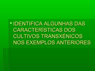  IDENTIFICA AALLGGUUNNHHAASS DDAASS 
CCAARRAACCTTEERRÍÍSSTTIICCAASS DDOOSS 
CCUULLTTIIVVOOSS TTRRAANNSSXXÉÉNNIICCOOSS 
NNOOSS EEXXEEMMPPLLOOSS AANNTTEERRIIOORREESS 
 