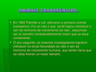 ANIMAIS TTRRAANNSSXXÉÉNNIICCOOSS.. 
 EEnn 11998822 PPaallmmiitteerr ee ccooll.. oobbttíívveerroonn oo pprriimmeeiirroo aanniimmaall 
ttrraannssxxéénniiccoo ..FFooii uunn rraattoo óó qquuee ssee llllee llooggrroouu iinnttrroodduucciirr oo 
xxeenn ddaa hhoorrmmoonnaa ddee ccrreecceemmeennttoo ddaa rraattaa ,, aaddqquuiirriinnddoo 
aassíí uunn ttaammaaññoo ccoonnssiiddeerraabblleemmeennttee mmaaooiirr qquuee ooss sseeuuss 
ccoonnxxéénneerreess.. 
 ÓÓ aannoo sseegguuiinnttee,, ooss mmeessmmooss iinnvveessttiiggaaddoorreess llooggrraarroonn 
iinnttrroodduucciirr nnoo óóvvuulloo ffeeccuunnddaaddoo ddoo rraattoo oo xxeenn ddaa 
hhoorrmmoonnaa ddee ccrreecceemmeennttoo hhuummaannaa,, qquuee ttaamméénn ffaaccííaa qquuee 
ooss rraattooss ttiivveerraann uunn mmaaiioorr ttaammaaññoo.. 
 