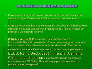 O PROXECTO XXEENNOOMMAA HHUUMMAANNOO 
 OO xxeennoommaa dduunn oorrggaanniissmmoo éé oo ccoonnxxuunnttoo ddee xxeenneess qquuee ppoossúúee..OO sseeuu 
eessttuuddoo ppeerrssiigguuee llooccaalliizzaarr ee iiddeennttiiffiiccaarr ccaaddaa uunn ddooss sseeuuss xxeenneess.. 
 OO pprrooxxeeccttoo xxeennoommaa hhuummaannoo ccoommeezzoouu nnoo aannoo 11999900 eenn EEEEUUUU bbaaiixxoo aa 
ddiirreecccciióónn ddee JJaammeess WWaattssoonn,,ccuunn pprreessuuppoossttoo ddee 337755..000000 mmiillllóónnss ddee 
ppeesseettaass ee uunn ppllaazzoo ddee 1155 aannooss .. 
 OO 2266 ddee xxuuññoo ddee 22000000 éé xxaa uunnhhaa ddaattaa hhiissttóórriiccaa ppaarraa aa 
hhuummaanniiddaaddee..DDeessppooiiss ddee mmááiiss ddee 1100 aannooss ddee iinnvveessttiiggaacciióónn,,oo xxeennoommaa 
hhuummaannoo..oo vveerrddaaddeeiirroo lliibbrroo ddaa vviiddaa,, ííaa sseerr ddeesscciiffrraaddoo..PPaarraa iissttoo ffooii 
nneecceessaarriiaa aa ccoollaabboorraacciióónn dduunn pprrooxxeeccttoo ppúúbblliiccoo nnoo qquuee ppaarrttiicciippaabbaann 
EEEEUUUU,, RReeiinnoo UUnniiddoo,, JJaappóónn,, FFrraanncciiaa,, AAlleemmaanniiaa,, 
CChhiinnaa ee oouuttrrooss ppaaíísseess ee oo pprrooxxeeccttoo pprriivvaaddoo ddaa eemmpprreessaa 
nnoorrtteeaammeerriiccaannaa PPEE CCeelleerraa GGeennoommiiccss,,qquuee ppeerrmmiittííuu rreemmaattaarr ccoo 
pprroocceessoo aanntteess ddoo eessppeerraaddoo.. 
 