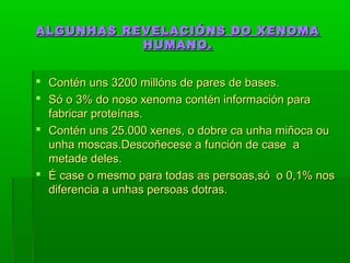 ALGUNHAS REVELACIÓNS DDOO XXEENNOOMMAA 
HHUUMMAANNOO.. 
 CCoonnttéénn uunnss 33220000 mmiillllóónnss ddee ppaarreess ddee bbaasseess.. 
 SSóó oo 33%% ddoo nnoossoo xxeennoommaa ccoonnttéénn iinnffoorrmmaacciióónn ppaarraa 
ffaabbrriiccaarr pprrootteeíínnaass.. 
 CCoonnttéénn uunnss 2255..000000 xxeenneess,, oo ddoobbrree ccaa uunnhhaa mmiiññooccaa oouu 
uunnhhaa mmoossccaass..DDeessccooññeecceessee aa ffuunncciióónn ddee ccaassee aa 
mmeettaaddee ddeelleess.. 
 ÉÉ ccaassee oo mmeessmmoo ppaarraa ttooddaass aass ppeerrssooaass,,ssóó oo 00,,11%% nnooss 
ddiiffeerreenncciiaa aa uunnhhaass ppeerrssooaass ddoottrraass.. 
 