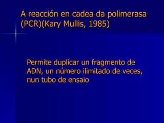 A reacción en cadea da polimerasa (PCR)(Kary Mullis, 1985) Permite duplicar un fragmento de  ADN, un número ilimitado de veces, nun tubo de ensaio 