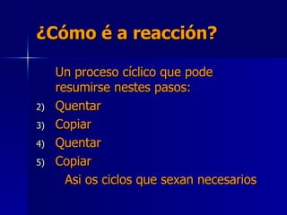 ¿Cómo é a reacción? Un proceso cíclico que pode resumirse nestes pasos: Quentar Copiar Quentar Copiar Asi os ciclos que sexan necesarios 