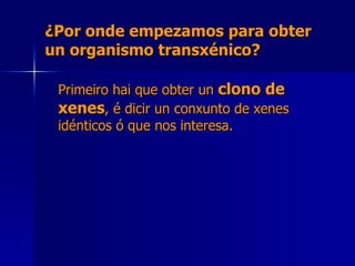 ¿Por onde empezamos para obter un organismo transxénico? Primeiro hai que obter un  clono de xenes , é dicir un conxunto de xenes idénticos ó que nos interesa. 