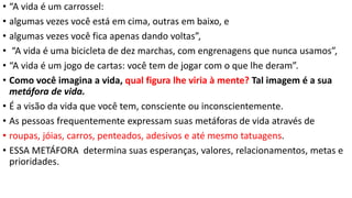 • “A vida é um carrossel:
• algumas vezes você está em cima, outras em baixo, e
• algumas vezes você fica apenas dando voltas”,
• “A vida é uma bicicleta de dez marchas, com engrenagens que nunca usamos”,
• “A vida é um jogo de cartas: você tem de jogar com o que lhe deram”.
• Como você imagina a vida, qual figura lhe viria à mente? Tal imagem é a sua
metáfora de vida.
• É a visão da vida que você tem, consciente ou inconscientemente.
• As pessoas frequentemente expressam suas metáforas de vida através de
• roupas, jóias, carros, penteados, adesivos e até mesmo tatuagens.
• ESSA METÁFORA determina suas esperanças, valores, relacionamentos, metas e
prioridades.
 