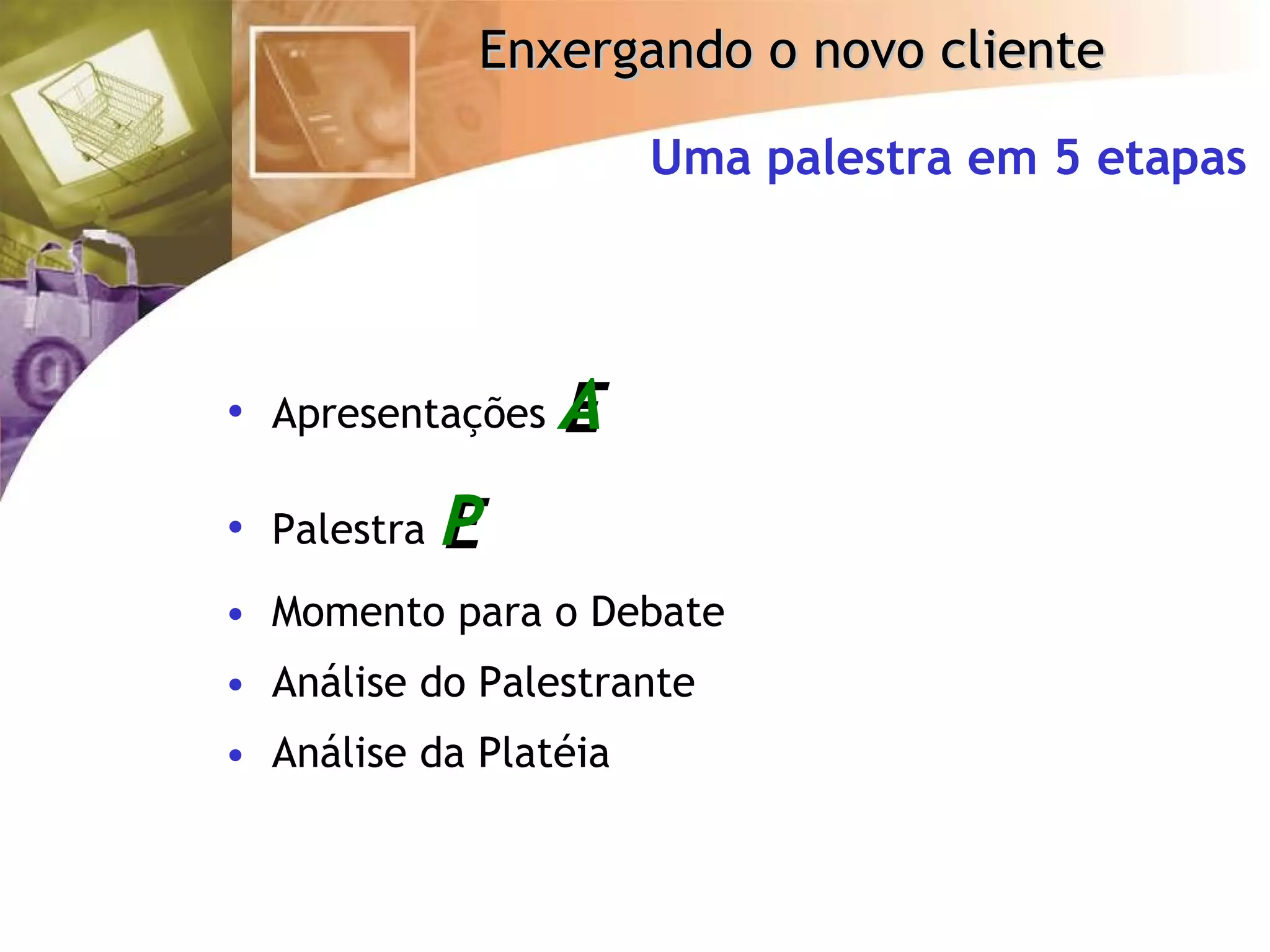 Apresentações   Palestra   Momento para o Debate Análise do Palestrante Análise da Platéia Uma palestra em 5 etapas 