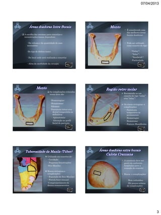 07/04/2013




                                                           • É considerado uma
                                                             das melhores áreas
 A escolha das mesmas para enxertias e                      bucais doadoras;
  reconstruções ósseas dependem:

    - Do volume e da quantidade de osso                    • Pode ser utilizado
    necessário;                                              como enxerto do tipo:

    -Do tipo de defeito ósseo;                                   -“Onlay”;
                                                                 - “Inlay”;
    - Do local onde será realizada a enxertia;                   - “Sandwich”;
                                                                 - Particulado.
    - Além da morbidade da cirurgia.




                          As complicações relatadas
                           nessa área são:               Recomenda-se um
                                                          enxerto do tipo “onlay”
                                                          e/ou “inlay”;
                             -Hemorragias;
                             -Hematomas;                 Os riscos cirúrgicos e
                             -Edemas;                     complicações:
                             -Parestesia labial e/ou       - Parestesia
                               dental temporária ou          temporária ou
                               definitiva;                   permanente;
                              - Apicectomia;               - Hemorragia;
                              - Alteração no perfil        - Hematoma;
                               facial do paciente.         - Fratura Mandibular.




                        Utilizado em enxertos de:
                         - Cavidade;                    • A anestesia deve ser
                         - Pequenas fenestrações;         geral em ambiente
                         -Seio Maxilar.                   hospitalar para a
                                                          remoção do enxerto;
                        Riscos cirúrgicos e
                         complicações:                  • Riscos e complicações:
                         - Exposição do Seio Maxilar;
                         - Fístula buco-sinusal;             - Bem reduzidos;
                         -Comprometimento de                 - Há poucos relatos
                         dentes remanescentes.               de complicações;




                                                                                     3
 
