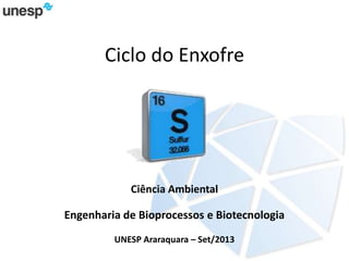 Ciclo do Enxofre
Ciência Ambiental
Engenharia de Bioprocessos e Biotecnologia
UNESP Araraquara – Set/2013
 