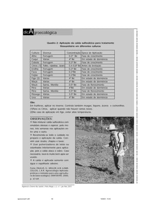 60
Agroecol.e Desenv.Rur.Sustent.,Porto Alegre, v.2, n.1, jan./mar.2001
dicAgroecológica
Quadro 2: Aplicação da calda sulfocálcica para tratamento
fitossanitário em diferentes culturas
Cultura Doença Concentração Época de Aplicação
Alho Ferrugem 0,3º Bé Fase de crescimento
Caqui Várias 4º Bé Em estado de dormência
Cebola Ferrugem 0,3º Bé Fase de crescimento
Citros (1) Feltro, rubelose, ácaro 0,4-0,8º Bé Antes da brotação
Ervilha Ferrugem 0,3º Bé Fase de crescimento
Fava Ferrugem 0,3ºBé Fase de crescimento
Feijão Ferrugem 0,3ºBé Fase de crescimento
Figo (2) Várias 4º Bé Em estado de dormência
Maçã Várias 4º Bé Em estado de dormência
Maçã Sarna, Monilia 0,5º Bé Fase de florescimento
Pêra Várias 4ºBé Em estado de dormência
Pêra Sarna, Monilia 0,5º Bé Fase de florescimento
Pêssego Várias 3,5º Bé Em estado de dormência
Uva Várias 4º Bé Em estado de dormência
OBSERVAÇÕES:
® Não misturar calda sulfocálcica com
emulsões oleosas e esperar, pelo me-
nos, três semanas nas aplicações en-
tre uma e outra.
® Recomenda-se todo o cuidado no
preparo e aplicação da calda. Con-
vém usar óculos, chapéu e luvas;
® Usar pulverizadores de latão ou
estanhados interiormente para aplica-
ção, pois a calda ataca o cobre. Caso
necessário, lavá-lo muito bem após ser
usado.
® A calda é aplicada somente com
água e espalhaste adesivo.
Fonte: PAULUS, G.; MÜLLER, A.M. & BAR-
CELLOS, L.A.R. Agroecologia Aplicada:
práticas e métodos para uma agricultu-
ra de base ecológica. EMATER/RS: 2000,
p. 67-69.
Obs:
Em frutíferas, aplicar no inverno. Controla também musgos, liquens, ácaros e cochonilhas.
(1)Para os Citros, aplicar quando não houver ramos novos.
(2)No caso de aplicação em figo, evitar altas temperaturas.
agroecomar01.p65 19/06/01, 16:3560
 