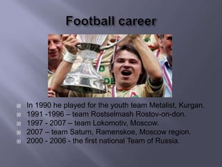 
In 1990 he played for the youth team Metalist, Kurgan.
1991 -1996 – team Rostselmash Rostov-on-don.
1997 - 2007 – team Lokomotiv, Moscow.
2007 – team Saturn, Ramenskoe, Moscow region.
2000 - 2006 - the first national Team of Russia.