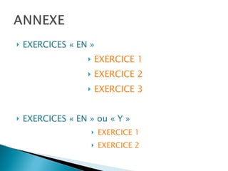 EXERCICES « EN » EXERCICE 1 EXERCICE 2 EXERCICE 3 EXERCICES « EN » ou « Y » EXERCICE 1 EXERCICE 2 