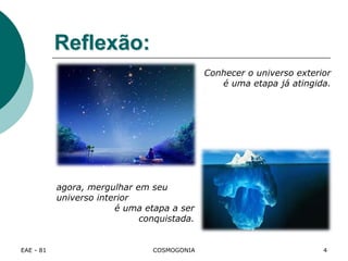 Reflexão:
EAE - 81 COSMOGONIA
Conhecer o universo exterior
é uma etapa já atingida.
agora, mergulhar em seu
universo interior
é uma etapa a ser
conquistada.
4
 