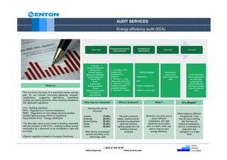 AUDIT SERVICES

                                                                                                     Energy efficiency audit (EEA)




                                                                                             Proposed improvements          Introduction of
                                                                      Initial Audit                                                                           Monitoring                       Final Audit
                                                                                                and amortization            improvements




                                                                        Inventory,
                                                                 measurements and
                                                                      assessment              1. Immediate. Habit
                                                                  Thermal systems             changes and                     Forms of contract                 Monitoring of
                                                                Electrical installations      development of                                                    results on the                  Final audit of the
                                                                 Lighting equipment           protocols                    Engineering                        basis of historical              blocks assessed in
                                                                      Vehicle fleet           2. Technical < 1 year                                                 data                          the initial audit,
                                                                          Water               Utility price optimization   EPC                                                                     comparing the
                                                                      Energy uses             3. Technical - 1-3 years                                                                           results obtained
                        What it is                                Building envelope           Possible installation of     Project management                                                  with those forecast
                                                                          Waste               renewable energies                                                                               and with historical
                                                                Utility pricing analysis      4. Technical > 3 years       Facility in construction                                                     data
This tool forms the basis of a structured energy savings              Evaluation of
plan. Its use involves information-gathering, analysis,              improvements
classification, suggesting alternatives, quantifying
savings and taking decisions, while checking compliance
with applicable regulations:                                 Who may be interested?                     What is analyzed?                             When?                             Why Enyon?

CTE – Building standards                                          Savings that can be
RITE – Regulations on thermal installations                            achieved:
REBT – Regulations on low-voltage electrical facilities                                                                                                                             What makes us different
Outdoor lighting energy efficiency regulations               Industry                 15-20%.            We audit consumer             Whenever you think you’re                      is experience: more
Royal Decree 47/07 – Energy certification                    Buildings                20-25%.         habits, heating and air-              using inefficient                        than 30 years working
                                                             Street lighting          35-40%          conditioning equipment,           installations, with high                        with thermal and
This also adds value to your house or building, especially   Shops                    20-25%             electrical systems,            electricity consumption                      electrical installations,
with the inclusion of RD 47/07, involving building energy    Hotels                   25-30%          lighting equipment, the          and, in a word, when you                     and our combination of
certification as a document to be considered in sale and                                                 building’s thermal              wish to improve your                            engineers and
purchase.                                                      With various amortization                      envelope                     energy efficiency                          managers in a single
                                                               periods according to the                                                                                                       team
(Spanish regulations based on European Directives)                 technology used




                                                                                       + 0034 91 654 55 99
                                                               www.enyon.es                                    www.evvers.com
 