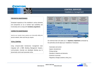CONTROL SERVICES
                                                                                                        Installations management


PREVENTIVE MAINTENANCE


Scheduled inspections of the installation’s various elements
and components so as to maintain high availability and
functionality and to comply with mandatory regulations.


CORRECTIVE MAINTENANCE


Identify and resolve faults quickly and effectively using our
service network, when and how you require.

                                                                      Our technical team will assist you in regulatory inspections conducted by
TOTAL CONTROL
                                                                      the authorities and will adjust your installations if necessary:

Using computer-aided maintenance management tools
                                                                        - Automation and control
integrated with a BMS (Building Management System),
                                                                        - System refurbishment
communication channels are developed allowing you to
                                                                        - Energy savings
dynamically control each parameter online.
                                                                        - Renewal of networks and elements
                                                                        - Extension of services
                                                                        - Regulatory changes (coolants, wiring, etc.)




                                                                 + 0034 91 654 55 99
                                                  www.enyon.es                         www.evvers.com
 