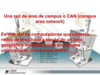 Una red de área de campus o CAN (campus
               area network)

Es una red de computadoras que conecta
redes de área local a través de un área
geográfica limitada, como un campus
universitario, o una base militar.
 
