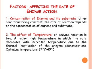 FACTORS AFFECTING THE RATE OF
ENZYME ACTION:
1. Concentration of Enzyme and its substrate: other
conditions being constant, the rate of reaction depends
on the concentration of enzyme and substrate.
2. The effect of Temperature: on enzyme reaction is
two. A region high temperature in which the rate
decreases with increased temperature due to the
thermal inactivation of the enzyme (denaturation).
Optimum temperature 37˚C-40˚C
 