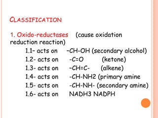 CLASSIFICATION
1. Oxido-reductases (cause oxidation
reduction reaction)
1.1– acts on –CH-OH (secondary alcohol)
1.2- acts on -C=O (ketone)
1.3- acts on –CH=C- (alkene)
1.4- acts on -CH-NH2 (primary amine
1.5- acts on -CH-NH- (secondary amine)
1.6- acts on NADH3 NADPH
 