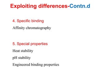 4. Specific binding
Affinity chromatography
5. Special properties
Heat stability
pH stability
Engineered binding properties
Exploiting differences-Contn.d
 