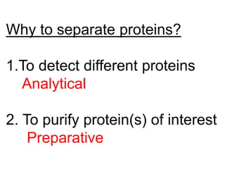 Why to separate proteins?
1.To detect different proteins
Analytical
2. To purify protein(s) of interest
Preparative
 