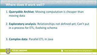Where does it work well?1. Queryable Archive: Moving computation is cheaper than moving data2. Exploratory analysis: Relationships not defined yet; Can’t put in a process for ETL; Evolving schema3. Complex data: Parallel ETL in Java13