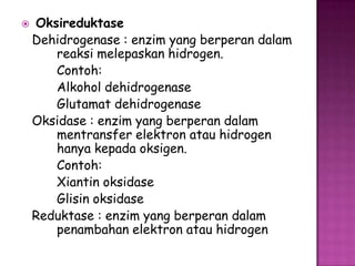    Oksireduktase
    Dehidrogenase : enzim yang berperan dalam
       reaksi melepaskan hidrogen.
       Contoh:
       Alkohol dehidrogenase
       Glutamat dehidrogenase
    Oksidase : enzim yang berperan dalam
       mentransfer elektron atau hidrogen
       hanya kepada oksigen.
       Contoh:
       Xiantin oksidase
       Glisin oksidase
    Reduktase : enzim yang berperan dalam
       penambahan elektron atau hidrogen
 